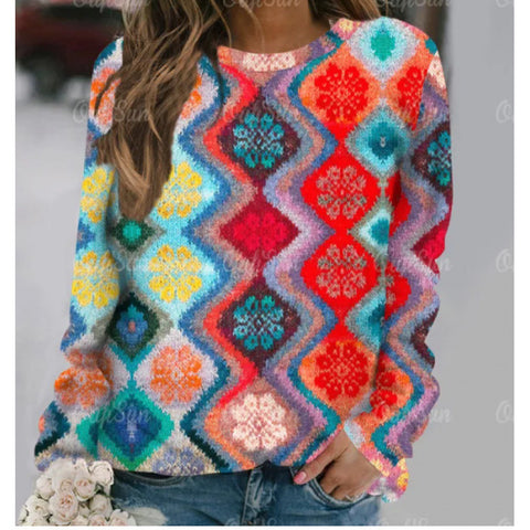 Printed Splicing Crew Neck Shoulder Sleeve Women's Sweater m302176