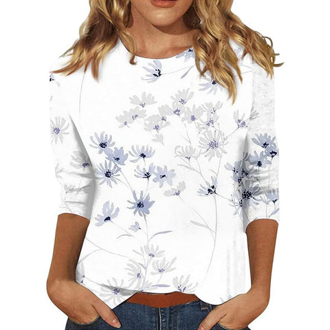 Pull ras du cou à manches sept-quarts et imprimé 3D de fleurs et de plantes m300615 
