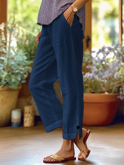 Lose, einfarbige, elastische Taillentasche aus Baumwolle und Leinen für Damen, gerade Freizeithose m301424 