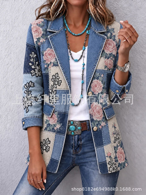 3D printed women's cardigan imitation denim blazer FF303337