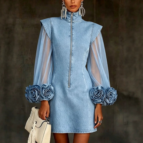 Fashion mesh stitching denim flower dress FF303453