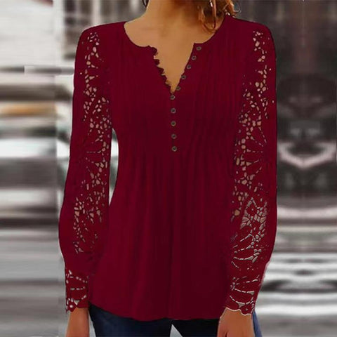 Lace Sleeve Pleated Solid Color Button T-Shirt Bottom Shirt m301333