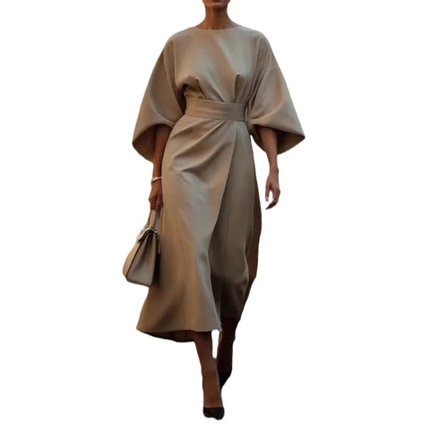 Mode Temperament elegante einfarbige Taille Kleid lässig Fledermaus Ärmel langes Kleid m301326 