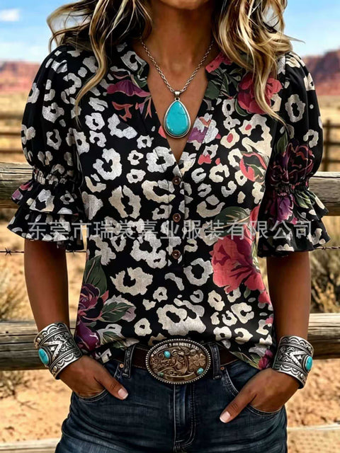 V-neck three-button top digital print horn-sleeved shirt FF303334
