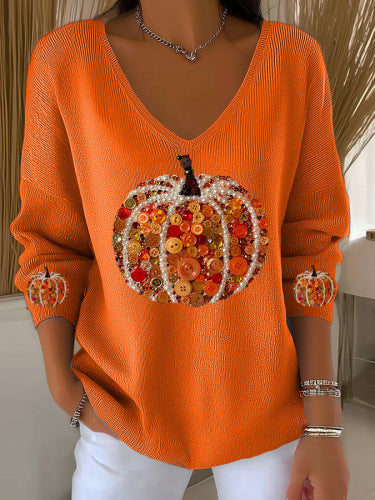 Shoulder V-neck long-sleeved autumn leaf 3D digital printing women's top FF303401
