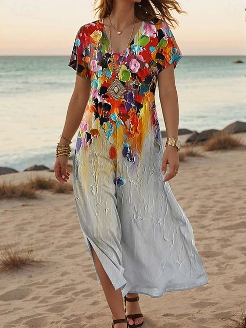 Kreative floral frauen sommer neue V-ausschnitt kurzarm kleid m301230 