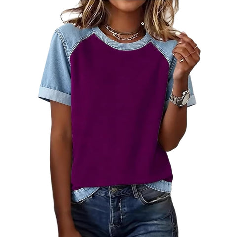 Printed denim splicing round neck short sleeve loose casual m302385