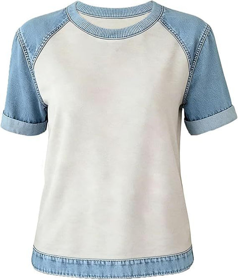 Printed denim splicing round neck short sleeve loose casual m302385