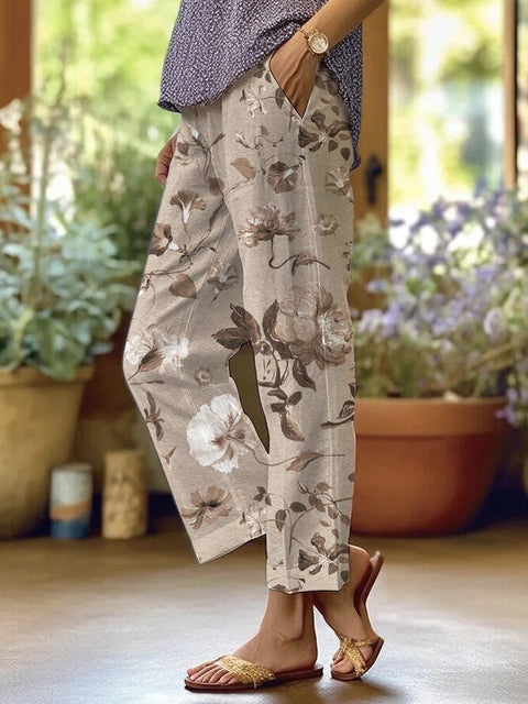 Linglong hemp digital printing simple crimped casual pants m303184