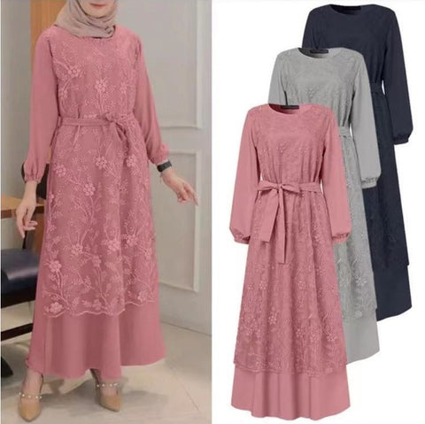 Robe longue ample à col ras du cou et manches longues en dentelle pour femme musulmane, m301325 