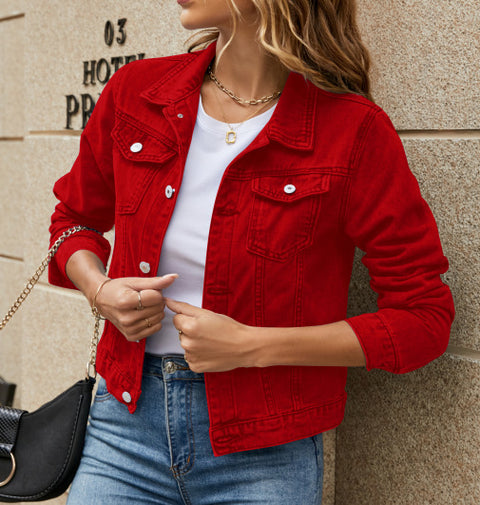 Women's fashion trend lapel pocket single-breasted short denim jacket m301642