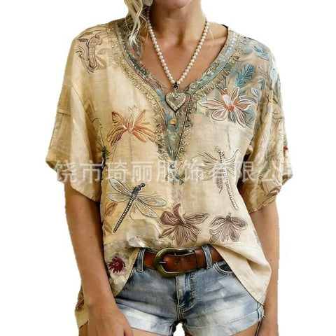 Imitation hemp V-neck shoulder-down short-sleeved top women's FF303345
