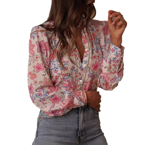 Printed top long-sleeved shirt women's spring and summer temperament foreign trade long-sleeved elegant shirt FF303441