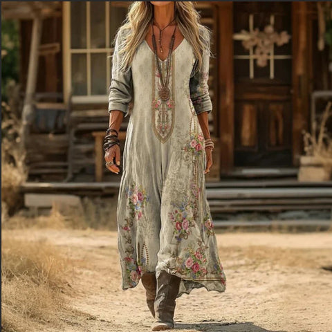 Creative tie-dye 3D printing women's new V-neck long-sleeved dress medium and long dress m302799