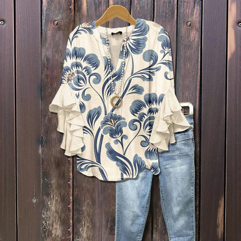 Digital printing casual trend V-neck lotus edge T-shirt women's m302725-1