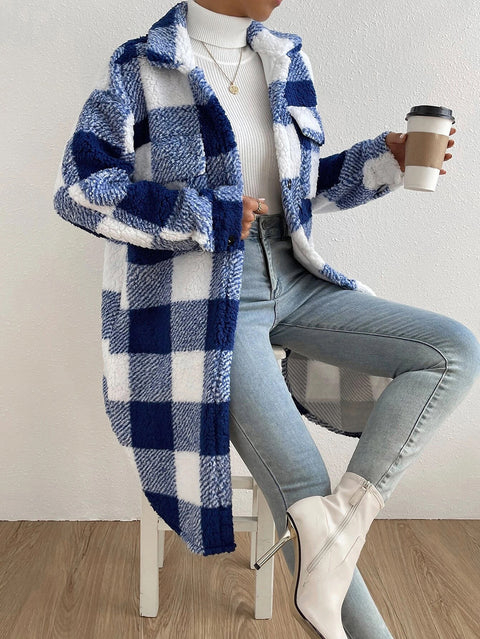 Offene Revers-Plüsch-Karojacke mit lockerem Temperament, Pendler-Langmantel für Damen m300360 