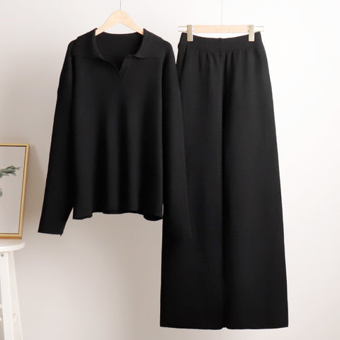 Knitted set European and American autumn and winter sweater set Polo neck knitted jumper + wide-leg trousers two-piece set m301788