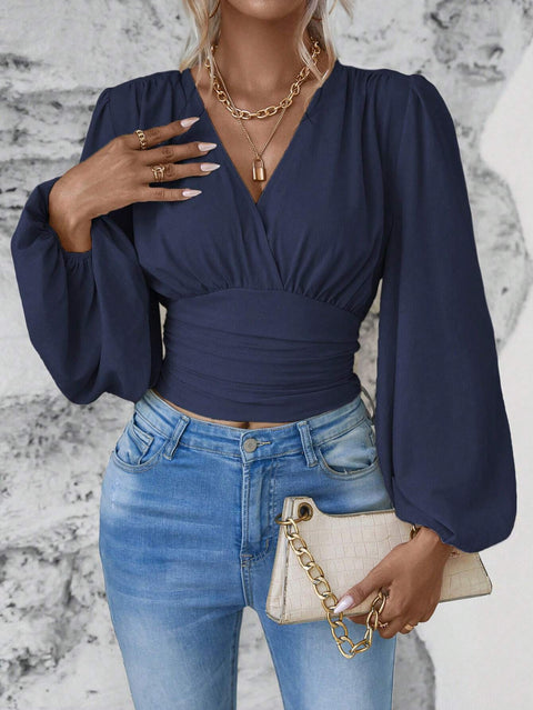Taille V-ausschnitt tasche ärmel einfarbig faltig frauen langarm top m300997 