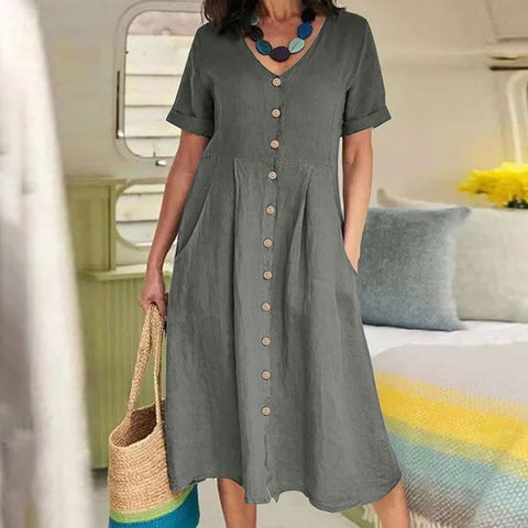 Neues einfarbiges, lockeres Kleid aus Baumwolle und Leinen mit hoher Taille m301192 
