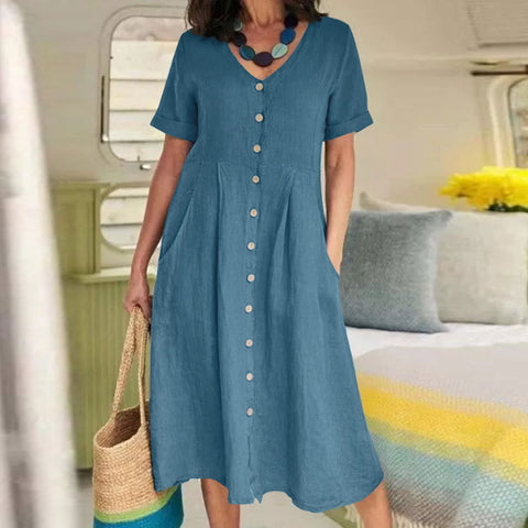 Neues einfarbiges, lockeres Kleid aus Baumwolle und Leinen mit hoher Taille m301192 