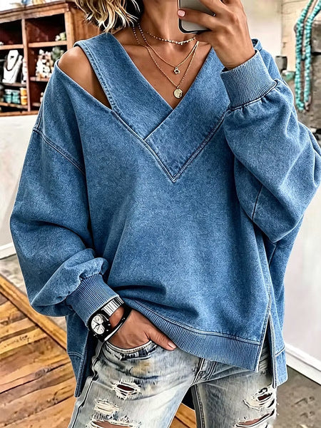 Open shoulder sweater autumn and winter new age-reducing foreign style V-neck leopard print long-sleeved top FF303328