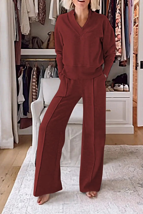 Ensemble deux pièces haut ample à manches longues et col en V et pantalon large m301327 