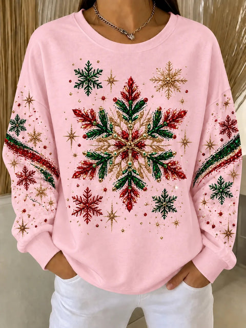 Snowflake print crew neck long-sleeved casual pullover sweater FF303508