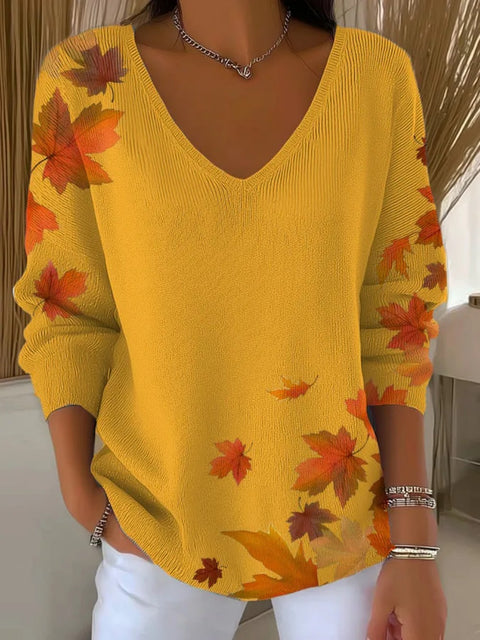 Shoulder V-neck long-sleeved autumn leaf 3D digital printing women's top FF303401