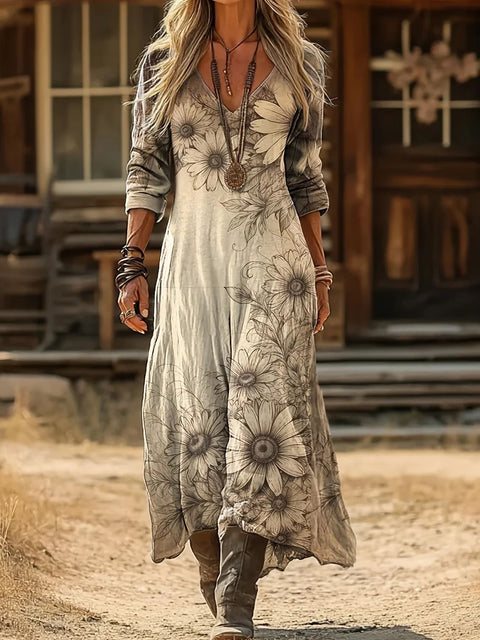 Creative tie-dye 3D printing women's new V-neck long-sleeved dress medium and long dress m302799