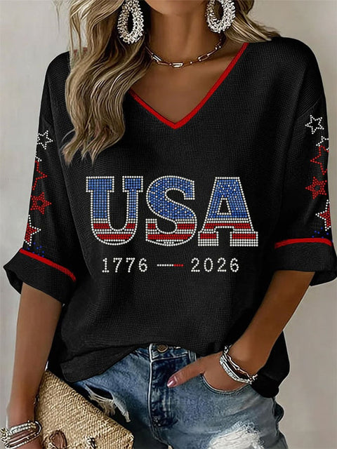 Down shoulder V-neck seven-quarter sleeve 3D printed women's top T-shirt m302844