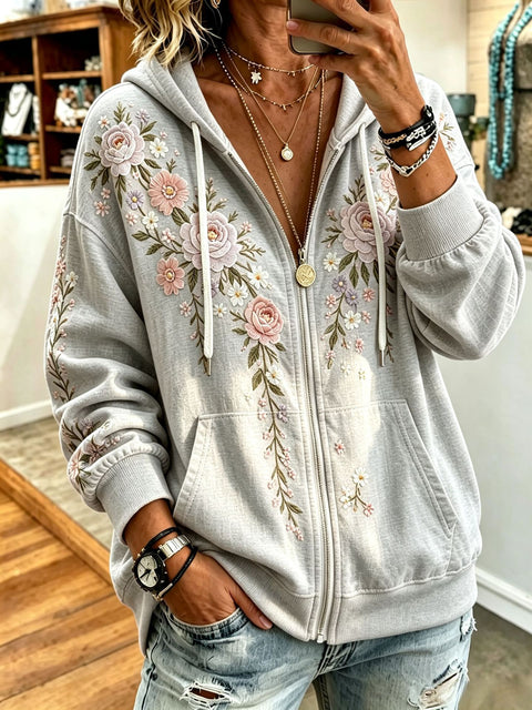 Sequin floral elements 3D digital printing loose casual hooded sweater m303215