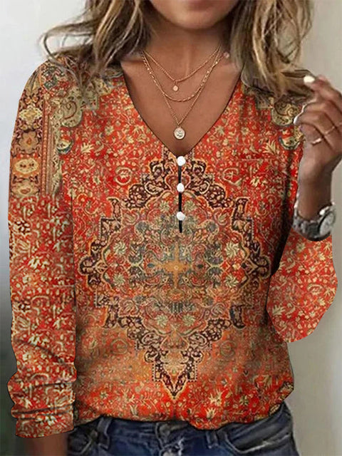 Langarm-T-Shirt-Pullover mit V-Ausschnitt, Stern-Batikmuster und Perlmuttknöpfen m300609 