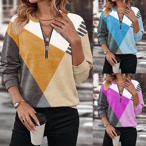 Herbst und Winter farblich passender, lockerer Pullover mit Reißverschluss und langen Ärmeln und V-Ausschnitt m300608 