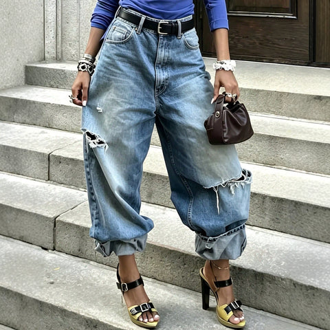 Jeans Fashion Washed Ripped Wide Leg Pants FF303448