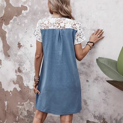 Frühling und Sommer neue Damenbekleidung lässig lose Kontrastfarbe Spitze Spleißen Tasche Kleid m301448 