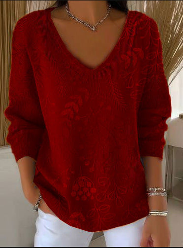 Shoulder V-neck long-sleeved autumn leaf 3D digital printing women's top FF303401