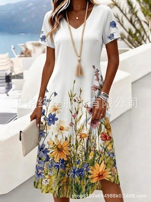 Printed women's v-neck short-sleeved temperament fashion dress m303046