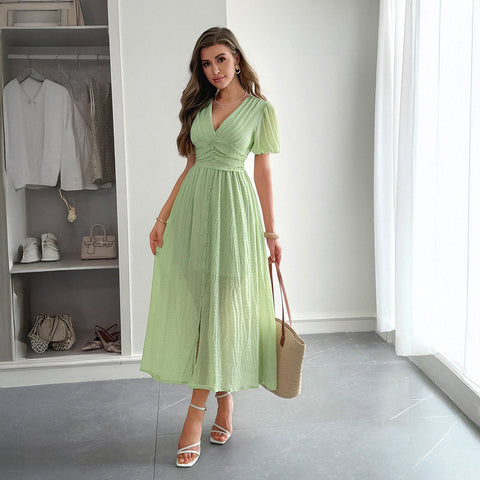 Robe longue à manches courtes et décolleté plongeant en V, style vacances, m301395 