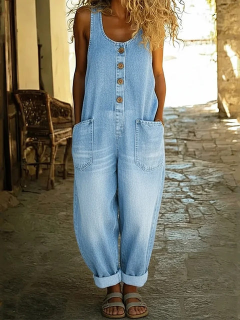 Retro trend wide-leg pants overalls women's sleeveless imitation denim m302436