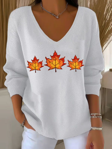 Shoulder V-neck long-sleeved autumn leaf 3D digital printing women's top FF303401