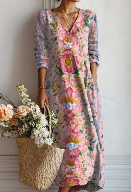 Women's loose V-neck fashion high-end long-sleeved printed collar dress m302766
