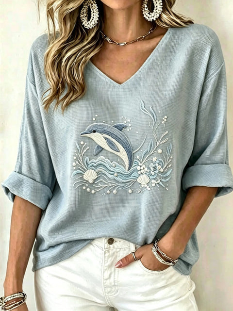Shoulder V-neck long-sleeved pullover print women's T-shirt m303200
