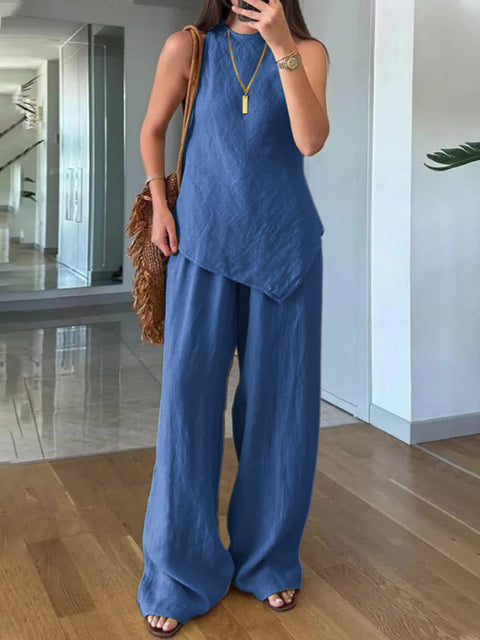 Lässiger Rundhalspullover ärmellos plus Taschenhose Baumwolle mehrfarbig m301437 