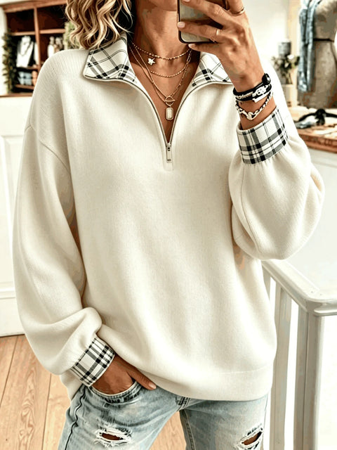 Plaid solid color printed women's semi-zipper stand-up neck sweater FF303402
