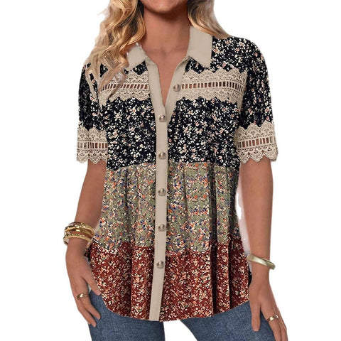 Chemise décontractée à col chemise et manches courtes, cardigan classique, imprimé numérique, chemise femme m301417 