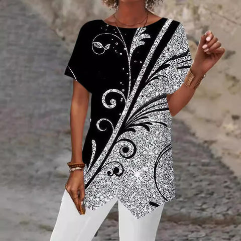 Geometric printing loose short-sleeved irregular hem T-shirt m302490