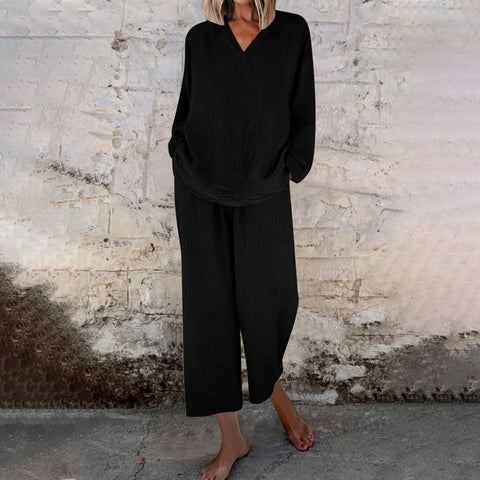 Lässiger Pullover mit V-Ausschnitt, lange Ärmel und Hosen mit Tasche, mehrfarbiger Baumwollanzug für Damen m301441 