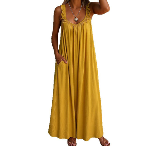Lässiges, plissiertes, mehrfarbiges Damenkleid mit Hosenträgern und U-Ausschnitt, m301443 