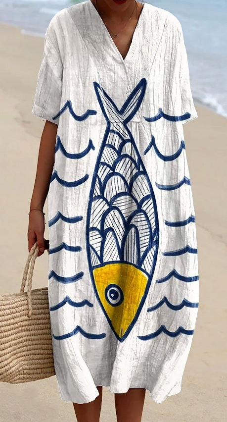 Large size women's shirt short-sleeved dress floral seaside vacation dress m302744