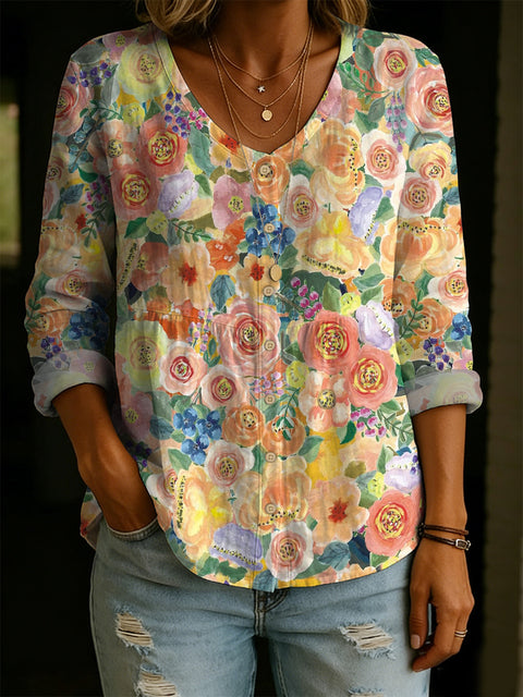 Crew Neck Women's Floral 3D Printed Henley Shirt FF303180